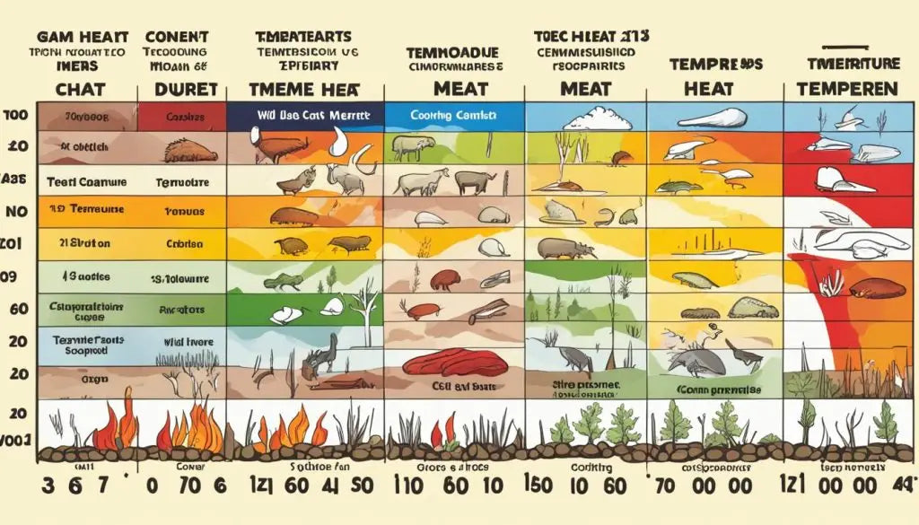 Chart illustrating temperature ranges for cooking various meats and seafood.