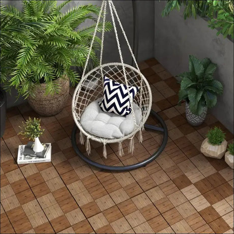 Hanging Chair With Cushion And Plant On Kiln Dried Patio Wood Tiles, Ready To Burn Look