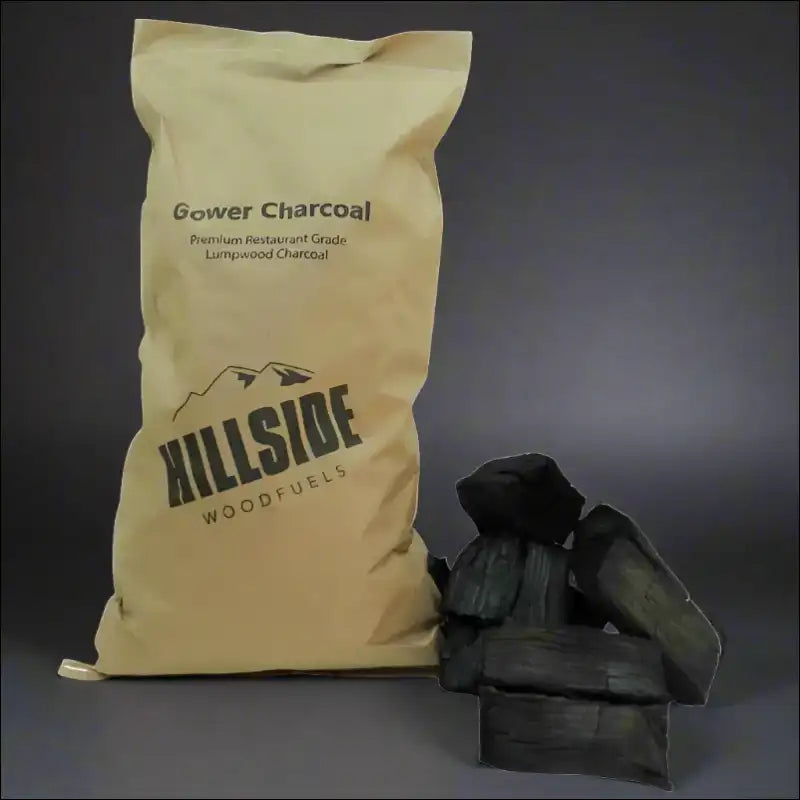 Restaurant Grade Lumpwood Charcoal Bag 6kg Next To Gloves For Safe Handling