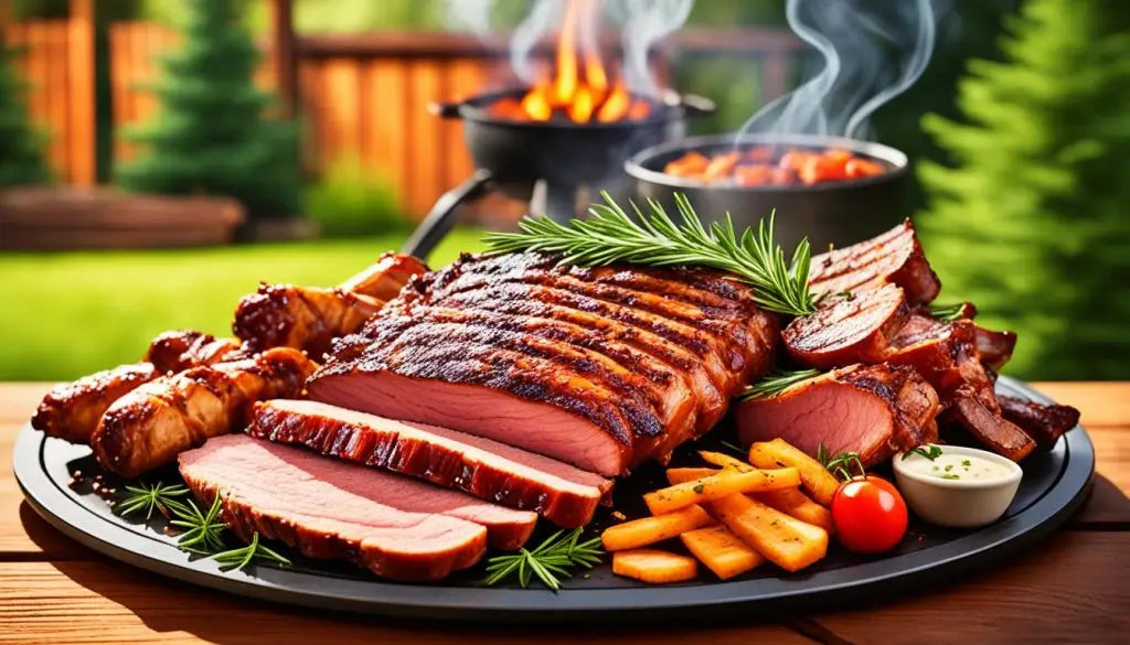 Grilled beef brisket on a platter with sides and garnishes for a garden party.