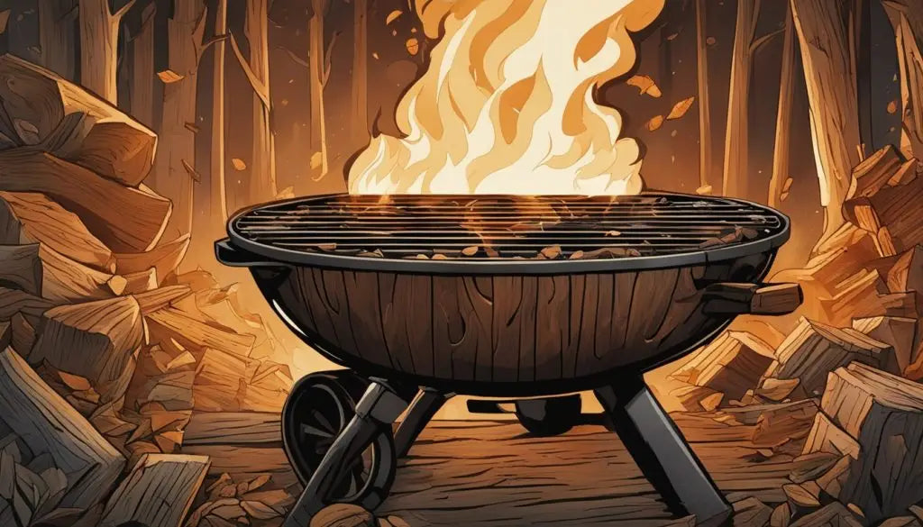 Circular fire pit with flames burning on grill grate for low and slow grilling.