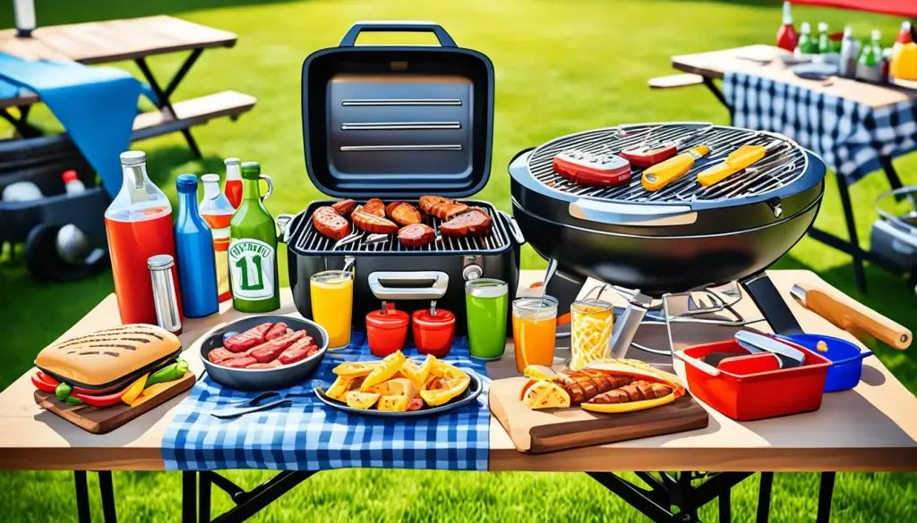 Outdoor barbecue setup with grills, food, and drinks on a picnic table for tailgating.