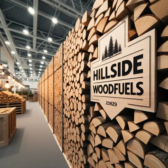 Stacked firewood wall with company sign.