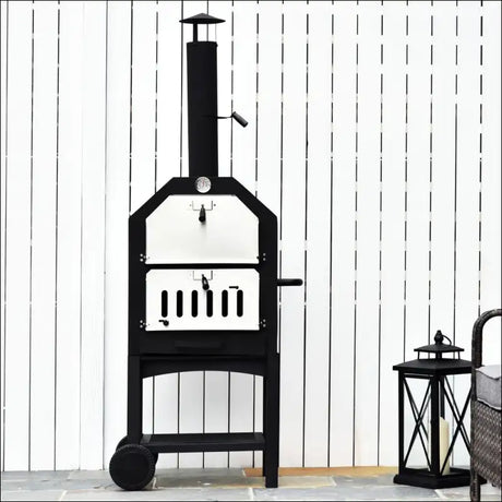 Stainless Steel Outdoor Charcoal Pizza Oven With Two Wheels On Patio, Wood Fuels