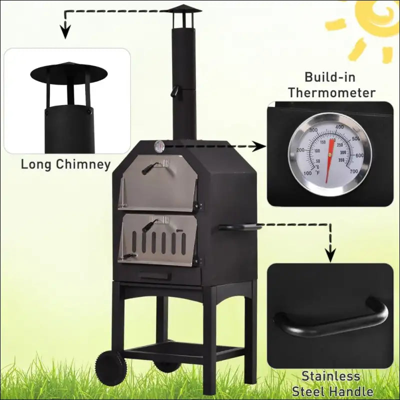Stainless Steel Charcoal Pizza Oven With Therm And Two Wheels For Wood Fuels