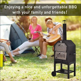 Family Enjoys Bbq On a Stainless Steel Pizza Oven With Two Wheels, Fueled By Wood