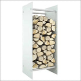 Tempered Glass Firewood Rack With White Storage Holding Neatly Stacked Firewood Logs