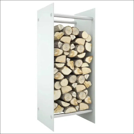 Tempered Glass Firewood Rack With White Storage Holding Neatly Stacked Firewood Logs