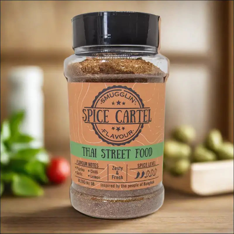 Thai Street Food Bbq Spice Blend 240g In a Jar On Table, Capturing The Essence Of Street Food