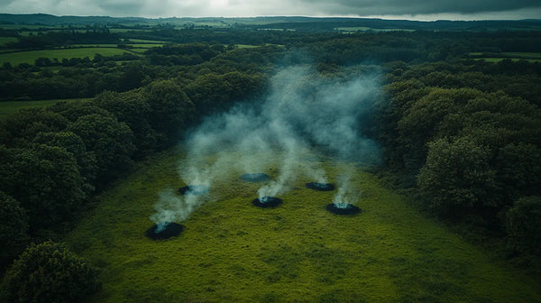 Smoke rising from various sources in a green clearing surrounded by forest in Wales.