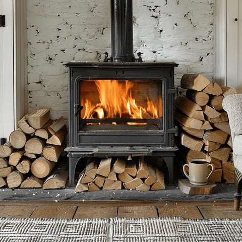 Wood-burning stove with a roaring fire, highlighting the warmth of Birch wood.