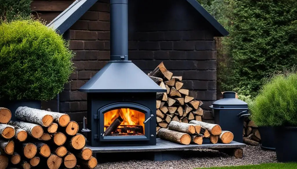 Wood-burning stove with fire and stacked kiln-dried logs in backyard setting.