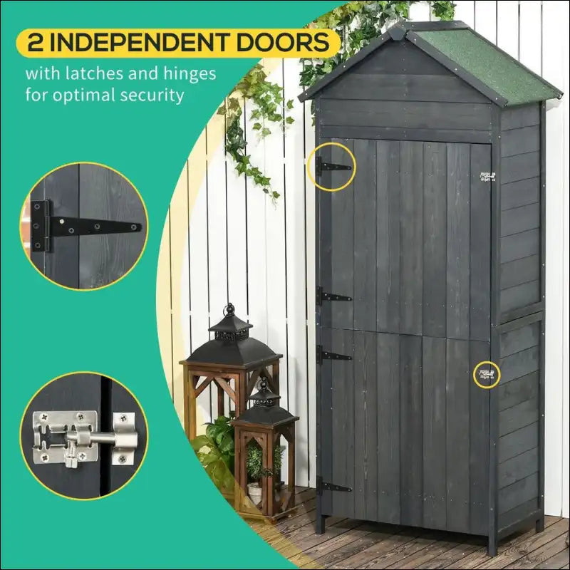 Black Wooden Garden Shed With Green Roof For Grilling Equipment Storage And Added Security