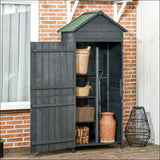 Wooden Shed With Open Door And Basket, Ideal For Storing Grilling Equipment Securely